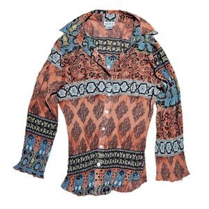 90s y2k boho western orange blue button up
